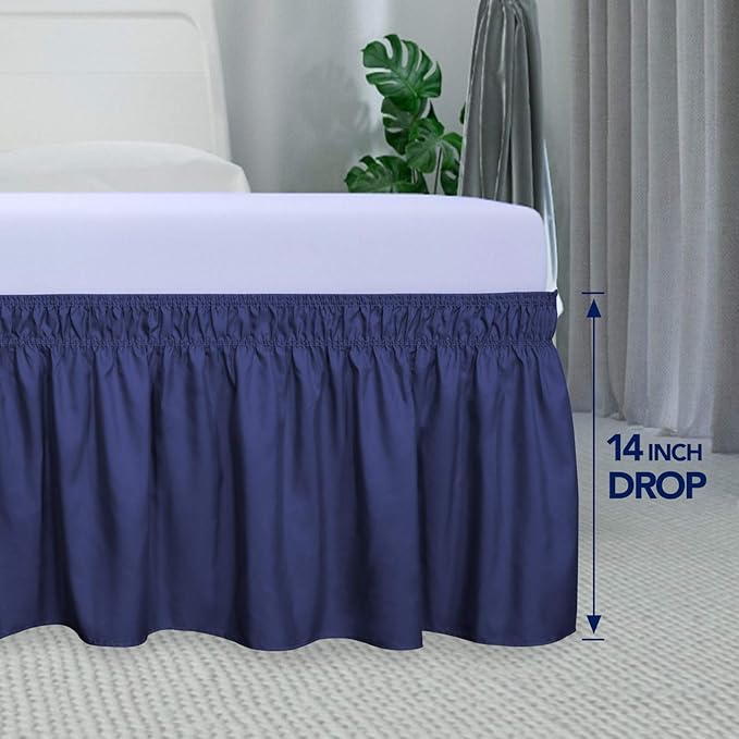 PureFit Wrap Around Ruffled Bed Skirt with Adjustable Elastic Belt - 14 Inch Drop Easy to Put On, Wrinkle Free Bedskirt Dust Ruffles, Bed Frame Cover for Twin,Twin XL and Full Size Beds, Navy