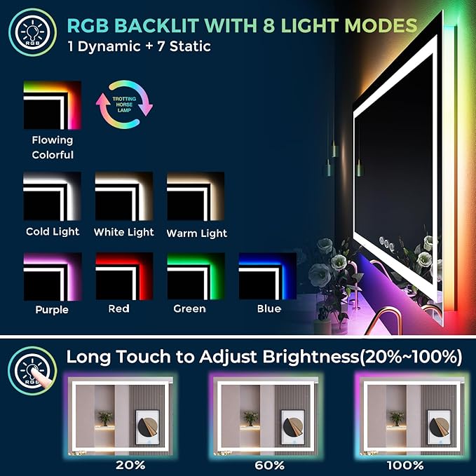 36x28 Inch RGB LED Bathroom Mirror Front Light and RGB Backlit Lighted Vanity Mirror for Bathroom Wall Mounted Dimmable Anti Fog Memory Shatter-Proof IP54 Waterproof Horizontal/Vertical