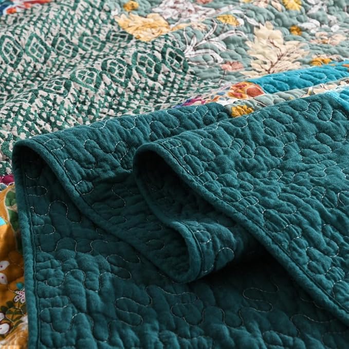 Autumn Dream Cotton Bedspread Quilt Sets Reversible Bedding Coverlet Sets Comforter, Vintage Floral Patchwork Turquoise Bedspread, Queen Size