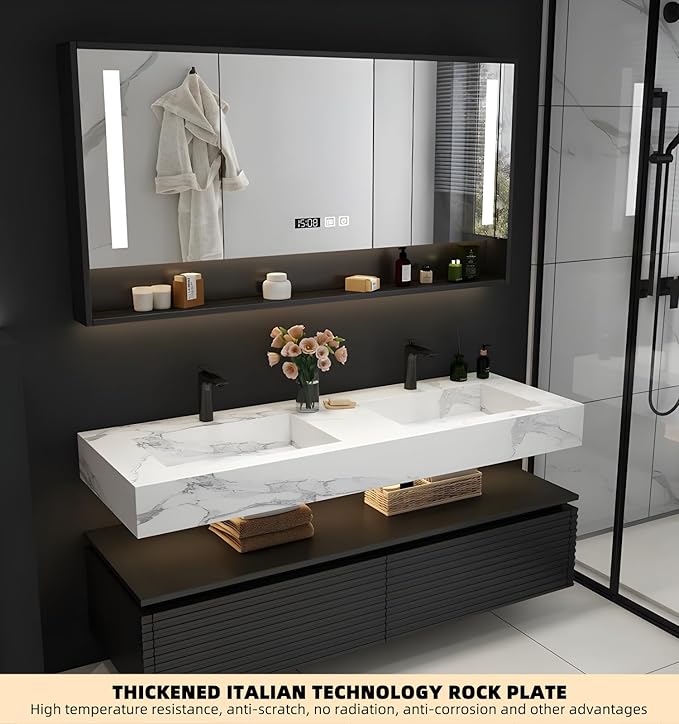 80IN Bathroom Vanity with Double Sink, Modern Bathroom Vanity with LED Smart Defogging Mirror Cabinet and Open Shelf, Floating Bathroom Cabinet with Striped Double Drawers, Oak Material (Grey)
