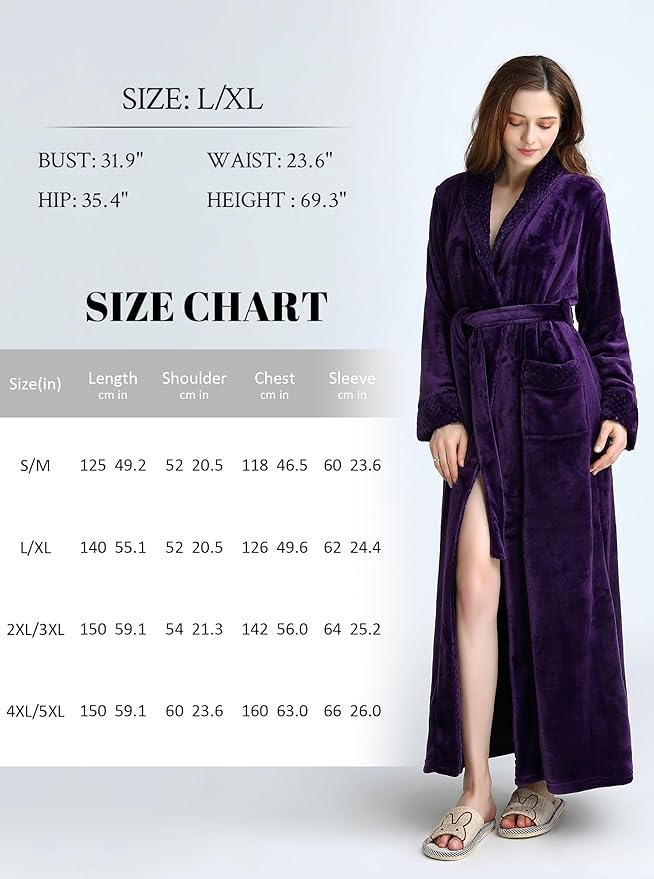 Artfasion Womens Long Fleece Robe - Warm Soft Floor Length Flannel Bathrobes for Winter Thicker Long House Coat with Pockets