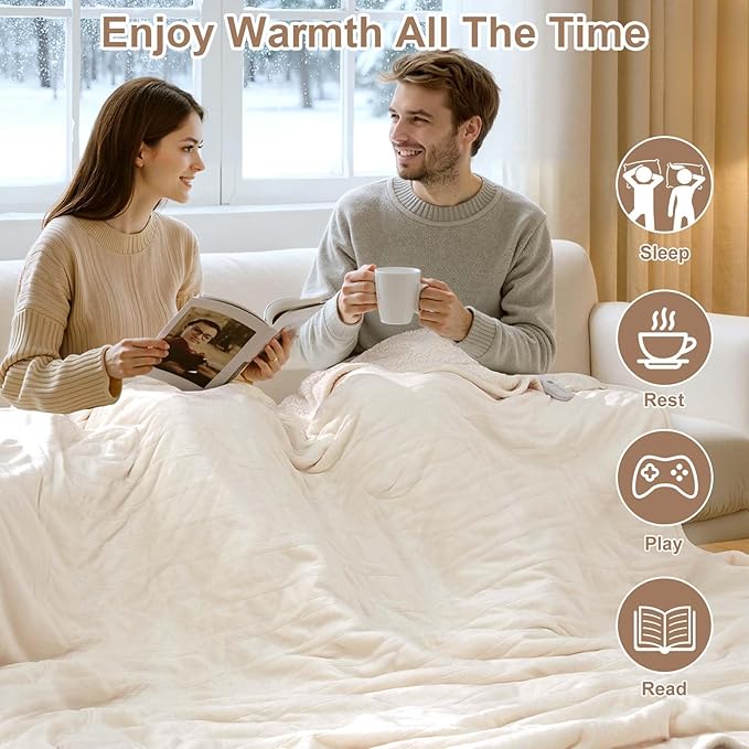 Electric Blanket Queen Size Dual Control - Washable Heated Blanket Queen with 5 Heat Settings, 10 Hrs Auto Off, ETL Certified, Flannel Sherpa Heating Blankets 84" x 90" White