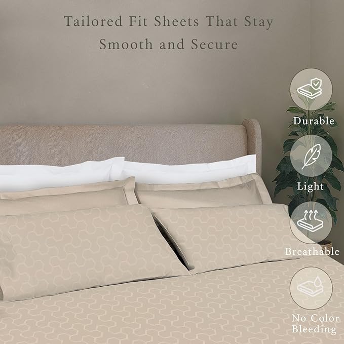 Threadmill 100% Cotton Sheets for King Size Bed | Damask Sateen All-Season 500Thread Count 4 Pc King Bed Sheets Set | Soft, Breathable Hotel Quality | Snug Fit Elastic Deep Pocket King Sheets | Beige