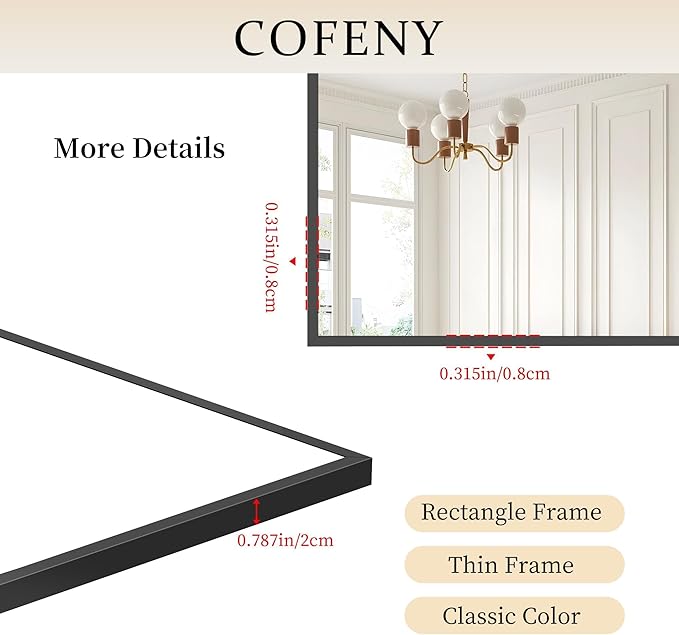 Black Bathroom Mirror for Wall, 60x36 Inch Rectangle Mirrors with Metal Frame, Large Modern Vanity Wall Mirror for Bathroom Living Room, Entryway Hangs Horizontal or Vertical