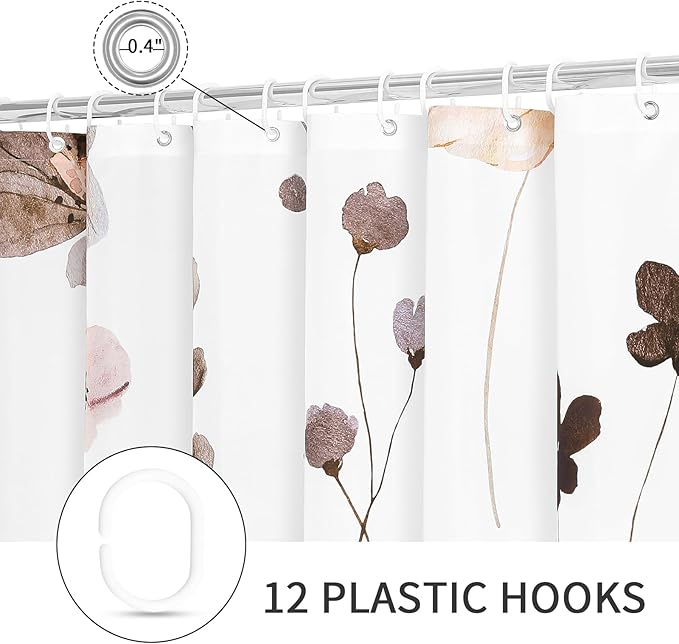 Gibelle Watercolor Floral Shower Curtain, Brown Beige Flower Shower Curtain for Bathroom, Modern Minimalist Waterproof Fabric Shower Curtain Set with Hooks 72x72 Inch