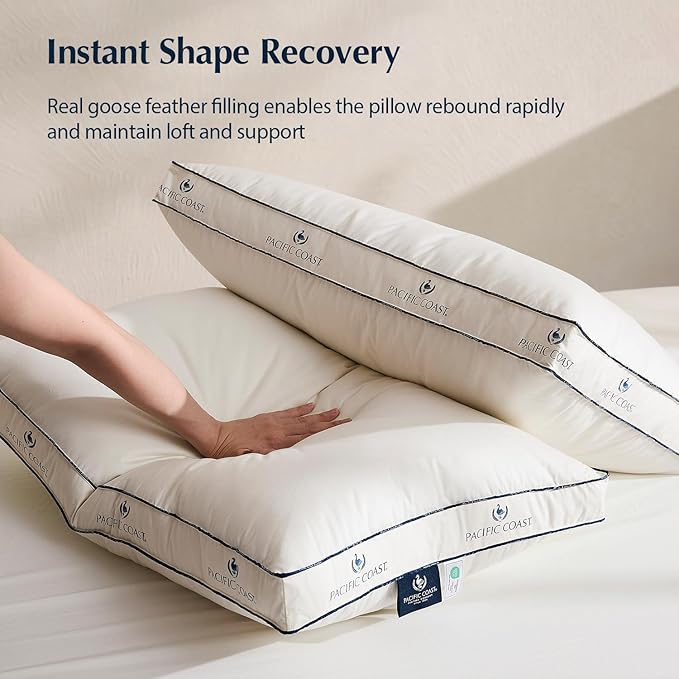 Pacific Coast Goose Feather and Down Pillows, with 100% Organic Cotton Cover, Standard Size Set of 2, Gusseted Design for Sleeping, Hotel Collection, Firm Pillows for Side and Back Sleepers