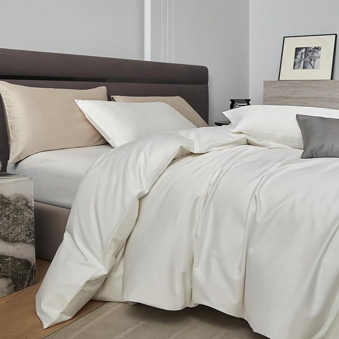 PURE ERA Duvet Cover Set 800 Thread Count Long Staple Cotton Sateen Silky Soft Luxurious Smooth 3 Piece Set Solid White King