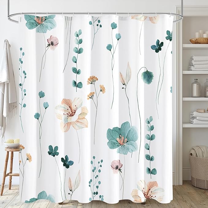 Gibelle Long Shower Curtain 72 x 78, Watercolor Floral Fabric Shower Curtain, Teal Beige Flower Decorative Bathroom Shower Curtain Set with Hooks