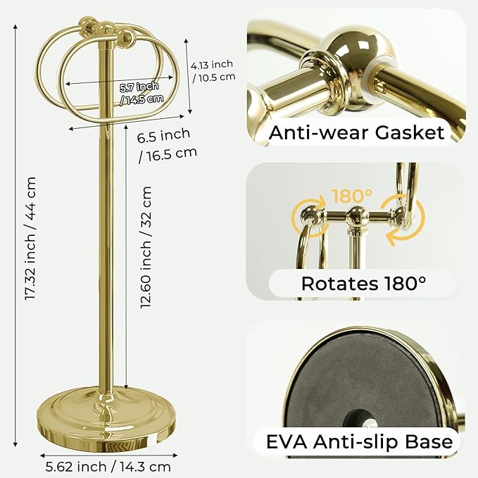 17 Inch Stainless Steel Hand Towel Holder Double Stand Hand Towel Ring for Washcloths or dishcloths Non-Slip Base Free Standing Towel Rack for Bathroom Kitchen (Gold)