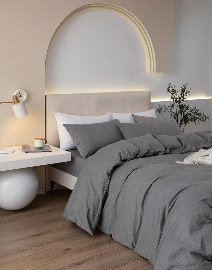 JIYUAN 100% Washed Cotton Duvet Cover Set 3 Pieces Alaska King, 1 Duvet Cover 132x120 Inches(Comforter Not Included) and 2 Pillowcases,Linen Feel Bedding Set Comfy and Breathable,Heathered Dark Grey