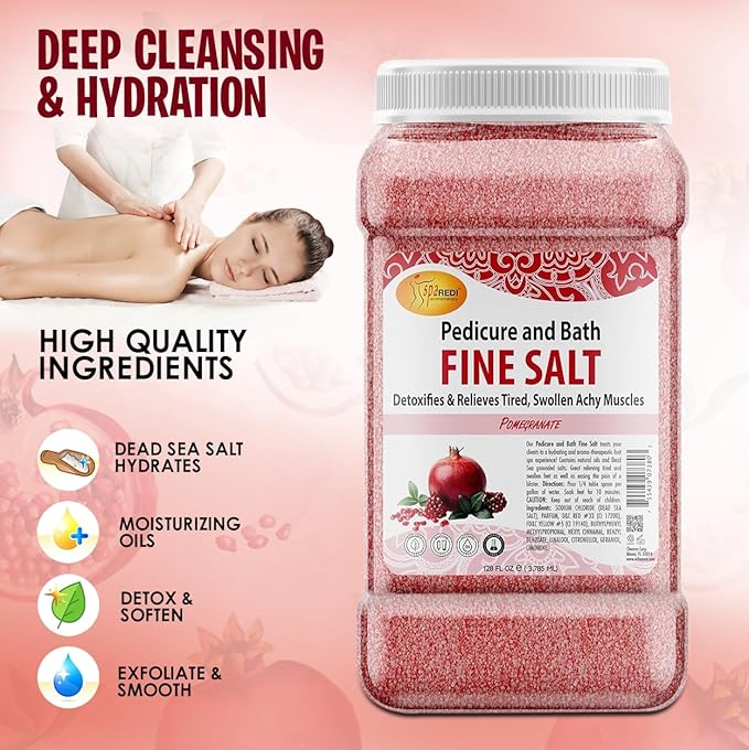 SPA REDI - Detox Foot Soak Pedicure and Bath Fine Salt, Pomegranate, 128 Oz - Made with Dead Sea Salts, Argan Oil, Coconut Oil, and Essential Oil - Hydrates, Softens and Moisturizes
