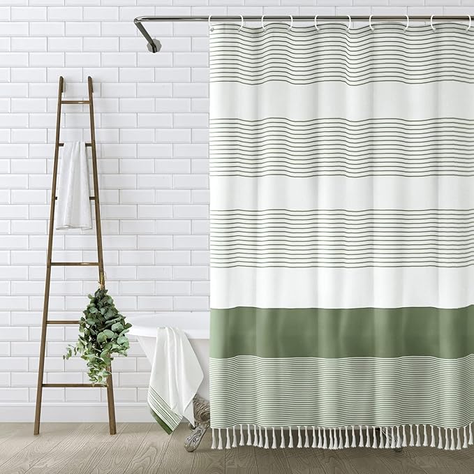 Awellife Sage Green Shower Curtain for Bathroom Stripe Tassel Shower Curtain 72 X 96 Inches Farmhouse Cotton Extra Long