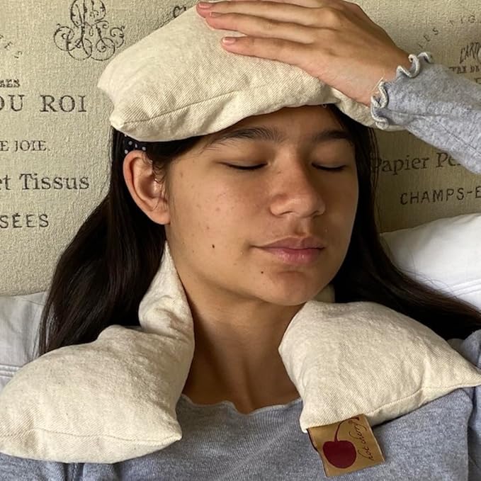 Neck Wrap Natural Denim Cherry Pit-Stone Pillow, Microwavable Hot/Cold Compress, Sustainable Moist Heat Pack, Shoulder Pain Relief, Washable, Spa Gift