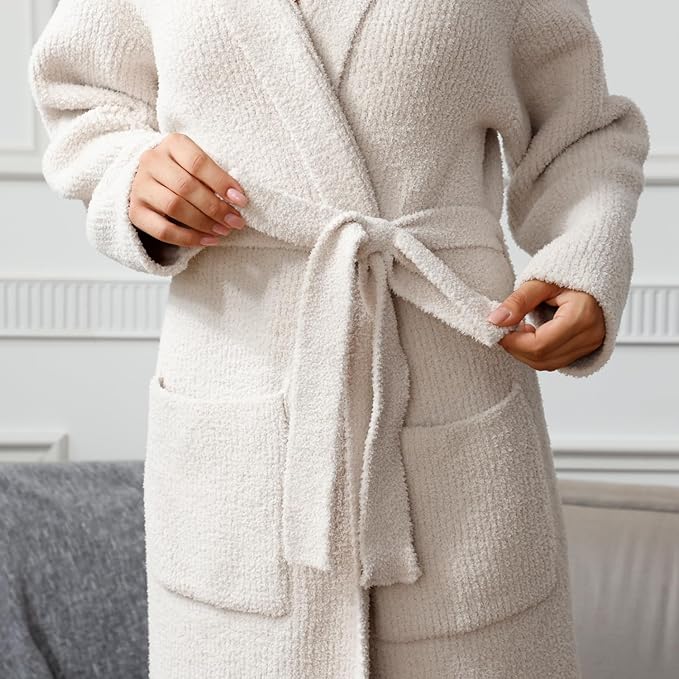 MH MYLUNE HOME Ultra Soft Robe With Pockets, Spa Bathrobe Loungewear Calf-Length, Plush Fuzzy Fluffy Wrap Robe for Women
