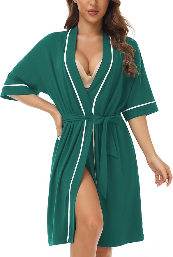 COLORFULLEAF Womens Bamboo Short Robes Lightweight Kimono Cotton Robe Soft Knit Bathrobe Ladies Loungewear with Pockets