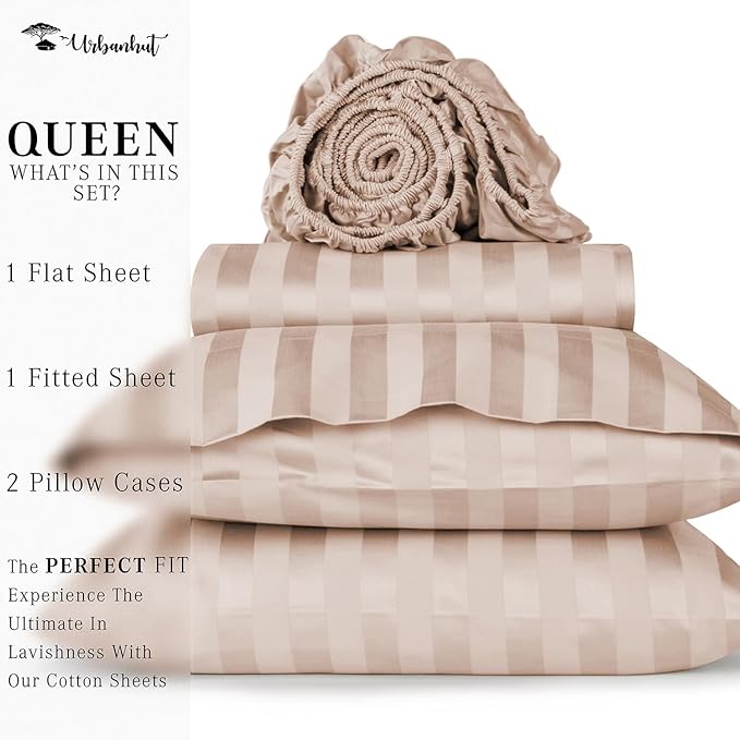URBANHUT 1000 Thread Count Damask Striped Queen Size Egyptian Cotton Sheets, Long Staple Soft & Breathable, 4 Pc Bed Sheet Sets, Luxury Hotel Sateen Sheets Fits 16" Deep Pocket - Blush Pink