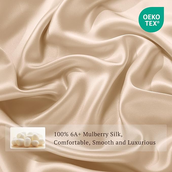 THXSILK 100% Pure Mulberry Silk Duvet Cover Set 3 Piece, 6A+ Grade Luxury Soft Bedding Silk Sheets for Hair and Skin, 1 Pcs Duvet/Quilt/Comforter Cover with 2 Zippered Pillowcases (Champagne, Full)
