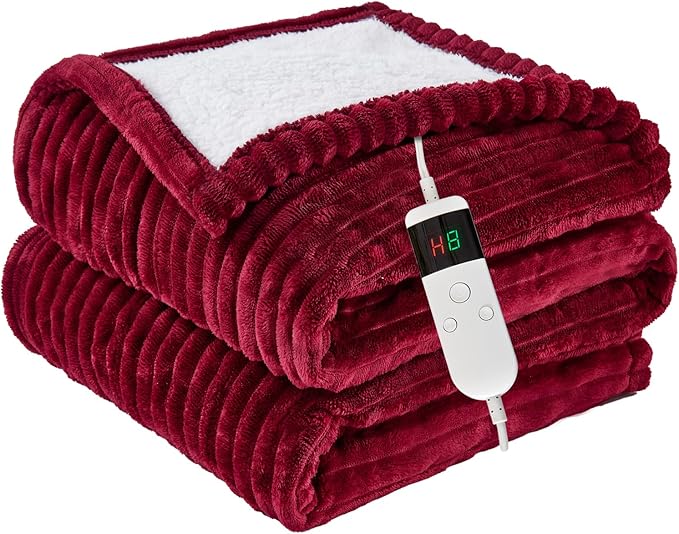 Heated Blanket Electric Full, Soft Flannel Heating Blanket with 8 Hours Auto Off 10 Fast Heating Levels Machine Washable Sherpa Heated Blanket with Overheating Protection