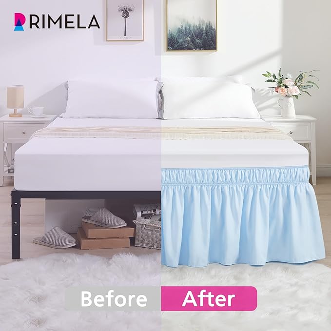 RIMELA Light Blue Bed Skirt King Size 15 Inch Drop, Elastic Bed Skirting for Bed Base and Frame, Bedding Dust Ruffle Easy to Install, Lightweight Wrap Around Adjustable Bedskirt