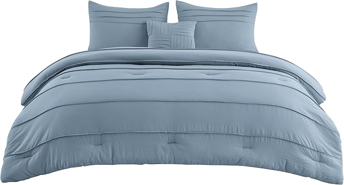 Bedsure King Comforter Set - 4 Pieces Pinch Pleat Bed Set, Light Blue Boho Bedding for All Season, 1 Soft Comforter, 2 Pillowcases, 1 Decorative Pillow