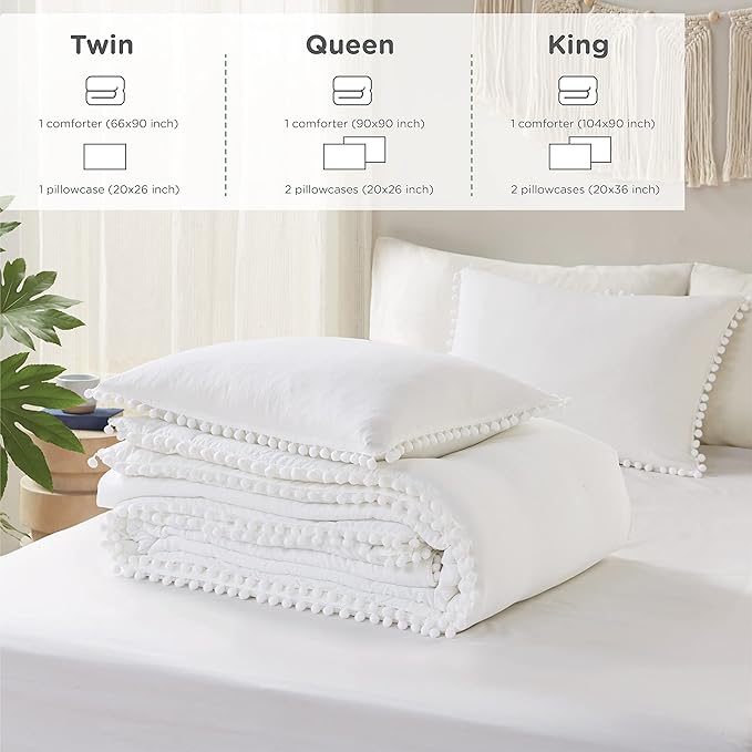 Codi White Boho Twin Comforter Set for Girls, Aesthetic Luxurious Pom Fringe Design Bedding,Cute Soft Washed Microfiber Bed Sets, Lightweight Chic,1 Comforter & 1 Pillowcase