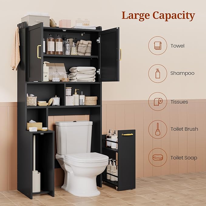 Over The Toilet Storage Cabinet with Pulley Small Bathroom Storage Cabinet, Space Saver W/Adjustable Shelf & Open Shelf for Bathroom, Restroom, Laundry (Black)