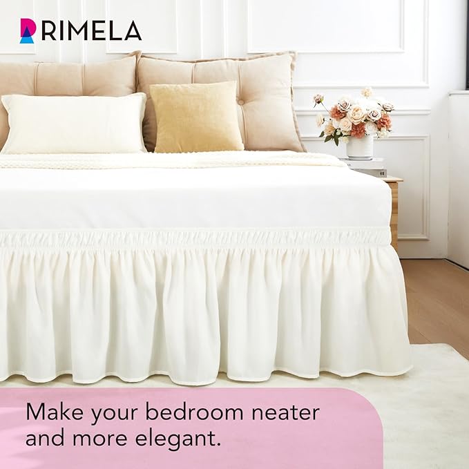 RIMELA White Bed Skirt Queen Size 12 Inch Drop, Wrap Around Elastic Adjustable Bedskirt, Bed skirting Dust Ruffle for Bed Frame & Box Spring Soft Durable Fabric Machine Washable Easy to Install