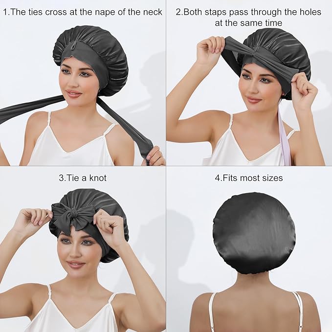 ZIMASILK 100% Mulberry Silk Bonnet for Sleeping Women Long Hair Double Layer Silk Hair Wrap with Tie Band Stay On Head (1Pc, Dark Grey)