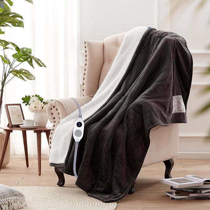 Westinghouse Heated Throw Blanket, Soft Flannel to Sherpa Electric Throw with 6 Heating Levels, 2-10 Hours Time Settings, Fast Heating, Machine Washable 50x60 Inch, Charcoal