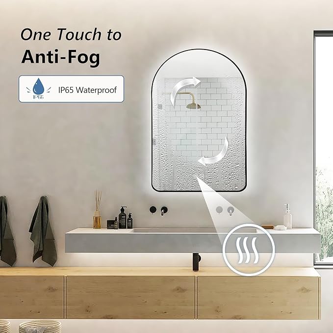 Niccy Arched LED Lighted Bathroom Mirror, 40x30 Inch Backlit Vanity Bathroom Mirror with Lights Brushed Black Framed Wall Mounted Mirrors with 3 Color Shatterproof Arch Smart Fog Free Mirror