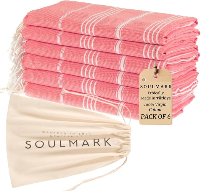 SOULMARK 100% Cotton Turkish Beach Towel with Bag - 38"x71" - 6 Pack - Made in Green & Oeko TEX Certified - Pre-Washed & Sand Free - Quick Dry and Lightweight for Travel - Made in Turkey - Salmon Red