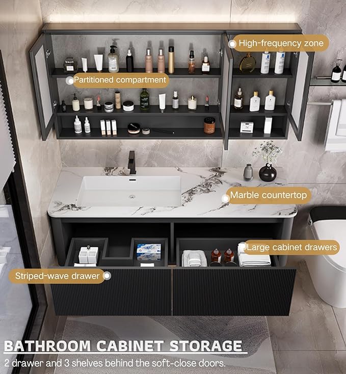Bathroom Vanity Cabinet, 60" Bathroom Vanity with Sink & Intelligent Defog LED Mirror, Solid Wood Float Vanities, Wall-Mount Bathroom Cabinet with Drawer, Undermount Double Sink, Faucet, Drain(Black)