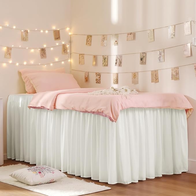 RIMELA Dorm Bed Skirt Twin XL 42 Inch Drop, Easy to Install Extra Long Wrap Around Elastic Dust Ruffle, Warm White Bedskirt Solid Silky Fabric Machine Washable (Twin XL 80“L x 39”W & Twin 75“L x 39”W)