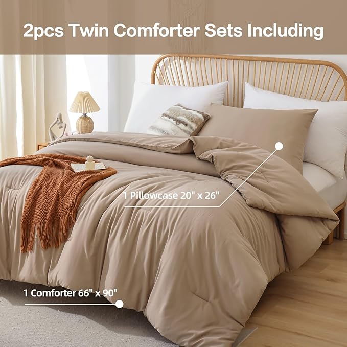 ROSGONIA Twin/Twin XL Comforter Set for Girls Boys Taupe Brown, 1 Tan Comforter & 1 Pillowcase, All Season Kids Comforter Lightweight Dorm Bedding