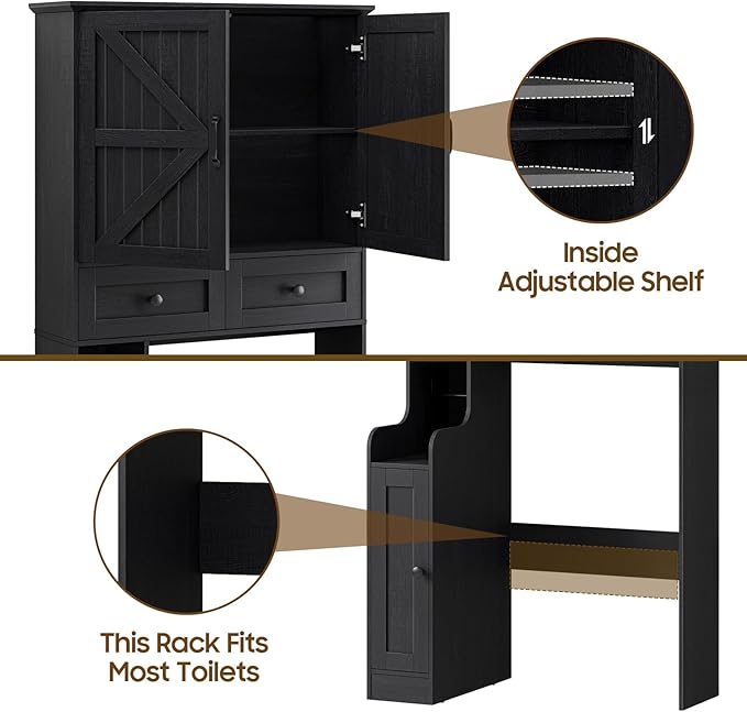 Over The Toilet Storage Cabinet, Storage Cabinet Over Toilet with Double Doors & Toilet Paper Holder Stand, Freestanding Toilet Shelf Space Saver with Anti-Tip Design & Adjustable Shelf, Black