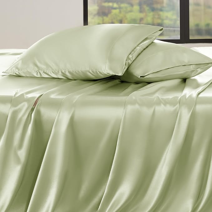 Bedsure Satin Sheets Full Size - 4 Piece Silky Bedsheets with 15 Inches Deep Pocket Fitted Bedsheet,1 Flat Sheet, 2 Satin Pillowcases, Good for Hair & Skin (Full, Sage Green)