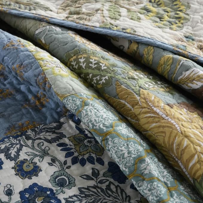 Cotton Bedspread Quilt Bedding Sets 3 Pieces Reversible Coverlet Sets Comforters Rustic Paisley Floral Patchwork Sage Green Bedspread, Queen Size