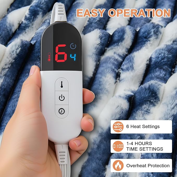Heated Blanket Throw - 50"x60" Fast Heating Bed Electric Blankets Throw with 6 Heating Levels & 4 Hours Auto Off, Soft Ribbed Faux Fur Sherpa, Over-Heated Protection ETL, Navy Blue