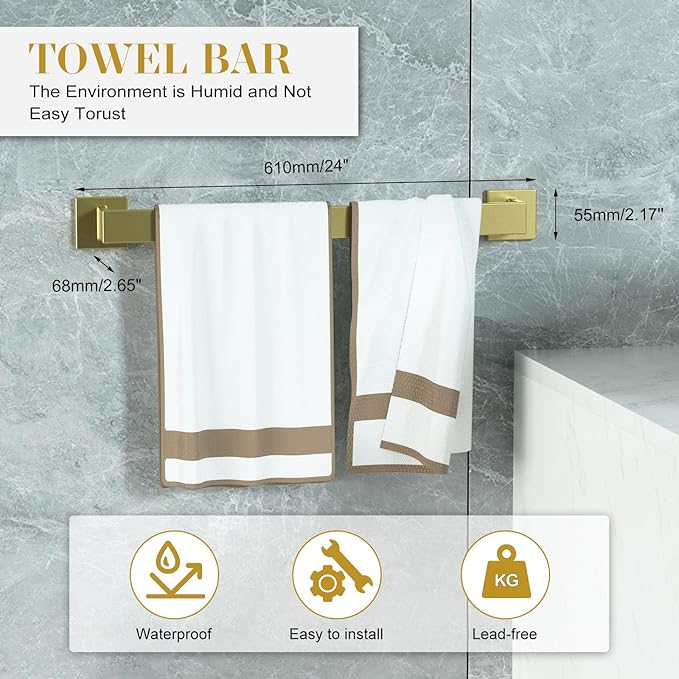 Bathroom Accessory Towel Bar Set: 10 Pieces Gold Square Bathroom Hardware SUS304 Stainless Steel - 24 Inch Wall Mounted Towel Rack&Toilet Paper Holder&Towel Ring and Towel Hook