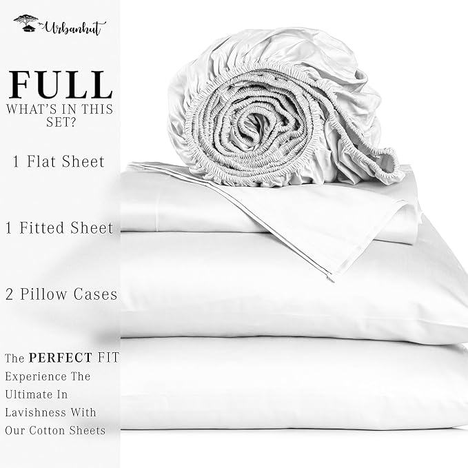 URBANHUT 100% Egyptian Cotton Full Size Sheet Set - 1000 Thread Count, Luxury Bedsheets for Full Size Bed, Long Staple, 16 Inches Deep Pocket, Super Soft Breathable, Sateen Weave Sheets, 4 Pc White