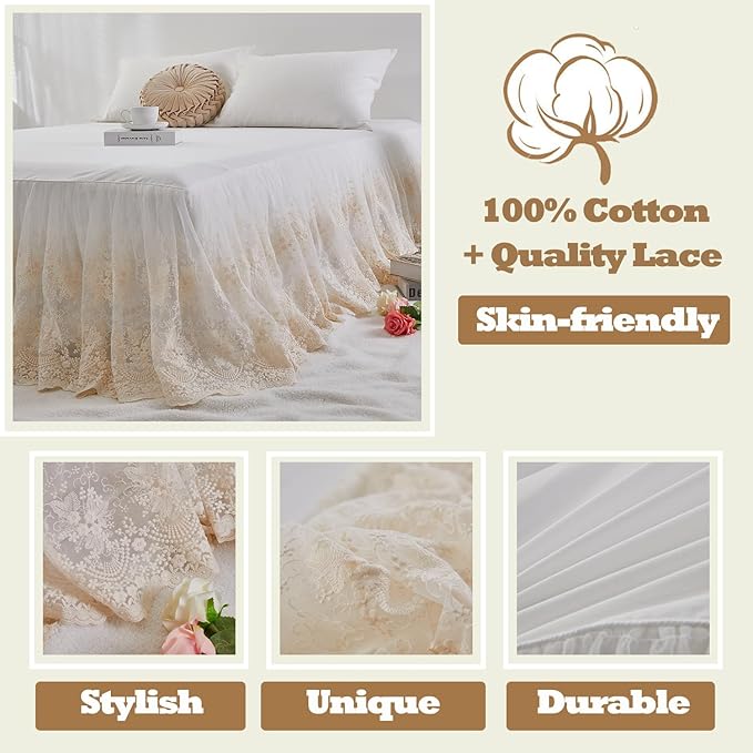 Brandream Luxury Cream White Lace Bed Skirt King Size 18 Inch Drop Split Corners Romantic Bed Cover Romantic Dust Ruffle Bed Skirts