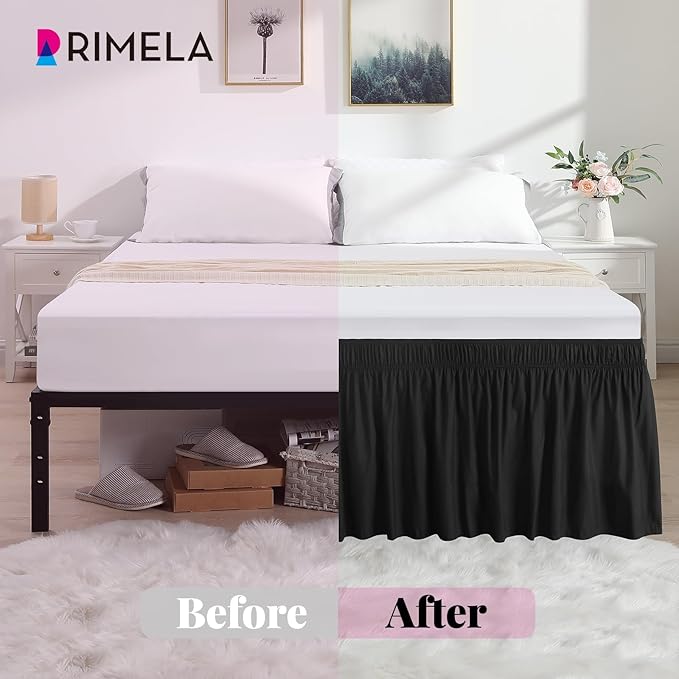 RIMELA Black Bed Skirt King Size 15 Inch Drop, Elastic Bed Skirting for Bed Base and Frame, Bedding Dust Ruffle Easy to Install, Lightweight Wrap Around Adjustable Bedskirt