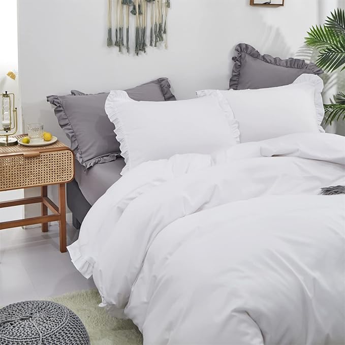Cottonight Ruffle White Comforter Set California King Farmhouse Shabby Bedding Comforter Set Ruffled Friange White Blanket Quilts Cotton Soft Breathable Bedding Set for Cal King Bed