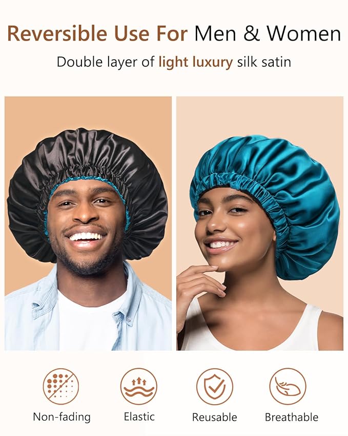 mikimini Satin Bonnet for Men and Women, Reversible Double Layer Sleeping Bonnet for Hair Braids with Anti-slip Adjustable Elastic Band Super Soft (XL, Black/Blue)