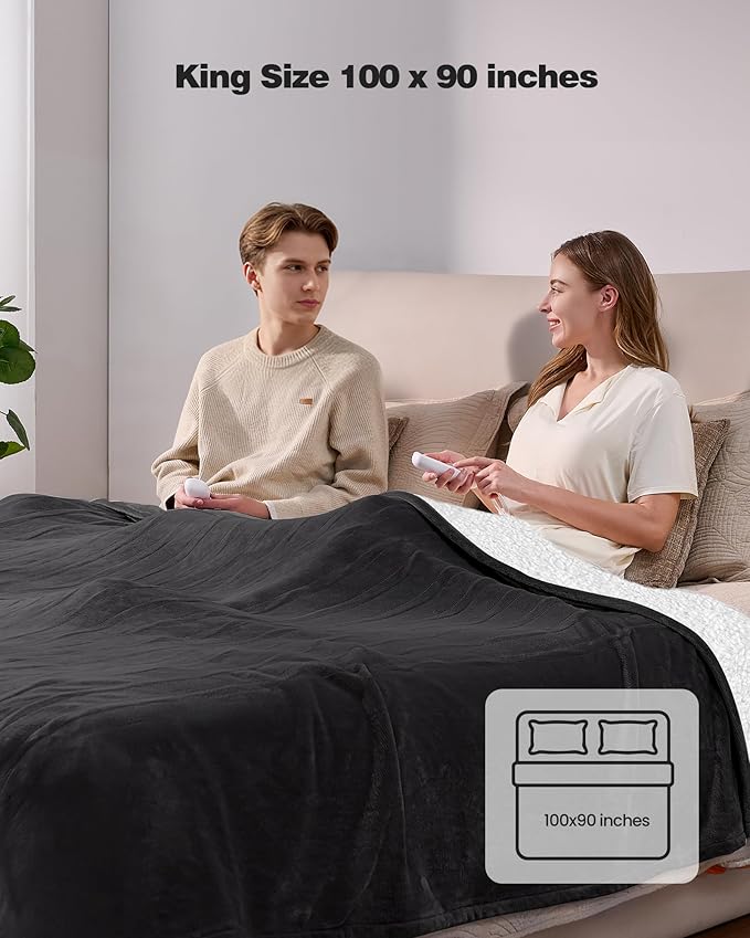 Electric Blanket King- Heated Blanket Super Soft, Dual Control & 9 Heat Settings Heating, 10 Hours Auto Off, Soft Flannel to Sherpa, Fast Heating Electric Throw, Machine Washable, 90" x 100''- Black