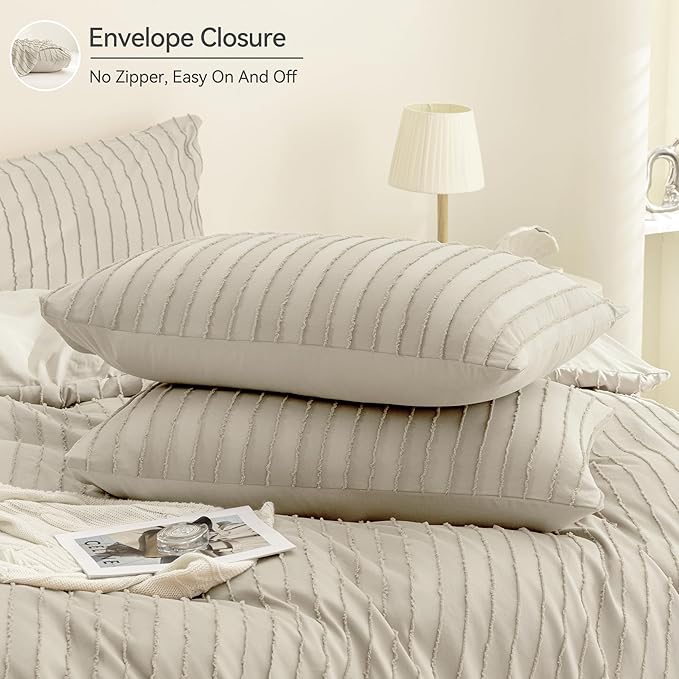 JELLYMONI Duvet Cover Full Size Light Khaki - 3PCS Boho Striped Duvet Cover Set Polyester Tufted Bohemian Textured Comforter Cover with Corner Ties & Zipper Closure