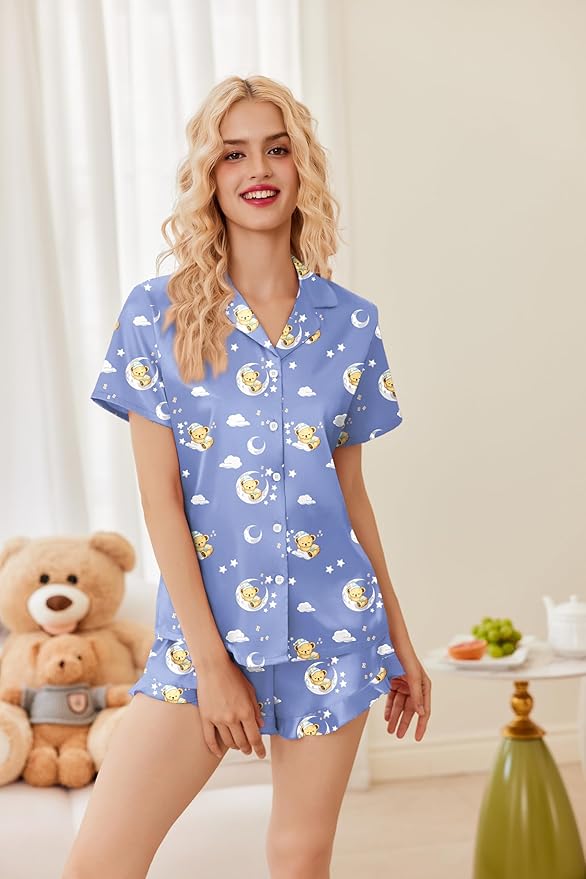 Ekouaer Womens Satin Pajamas Set Button Down 2 Piece Silk Pjs Shorts Set Ruffle Lingerie Notch Collar Sleepwear