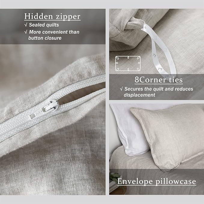 XZ XIFA Linen Duvet Cover Set, 100% Washed French Flax Linen Bedding with Zipper Closure, Cooling & Textured Bed Sets for Hot Sleepers- 1 Duvet Cover and 2 Pillowcases (King Size, Natural Linen)