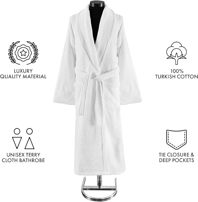 Classic Turkish Towels CTT Premium 100% Turkish Cotton Terry Cloth Bath Robe for Women & Men, Soft & Plush Long Unisex Robe
