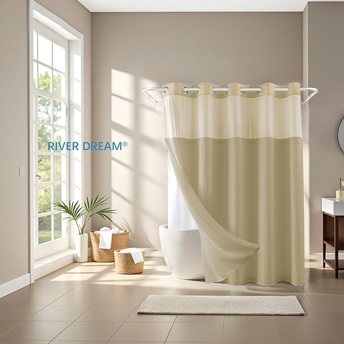 River Dream Linen Fabric Shower Curtain Set, Cotton Blend, Waffle Weave, with Snap in Replacement Liner，71 x 74 inches